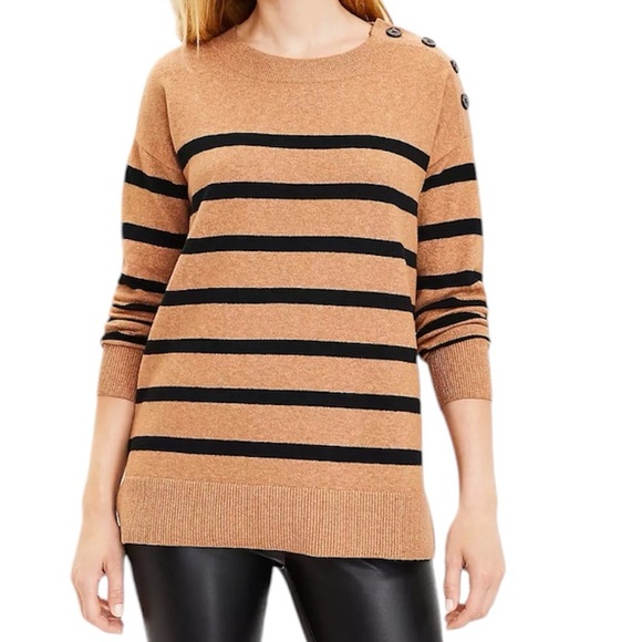 LOFT Striped Shoulder Button Tunic Sweater Long Sleeve Large - Picture 3 of 10